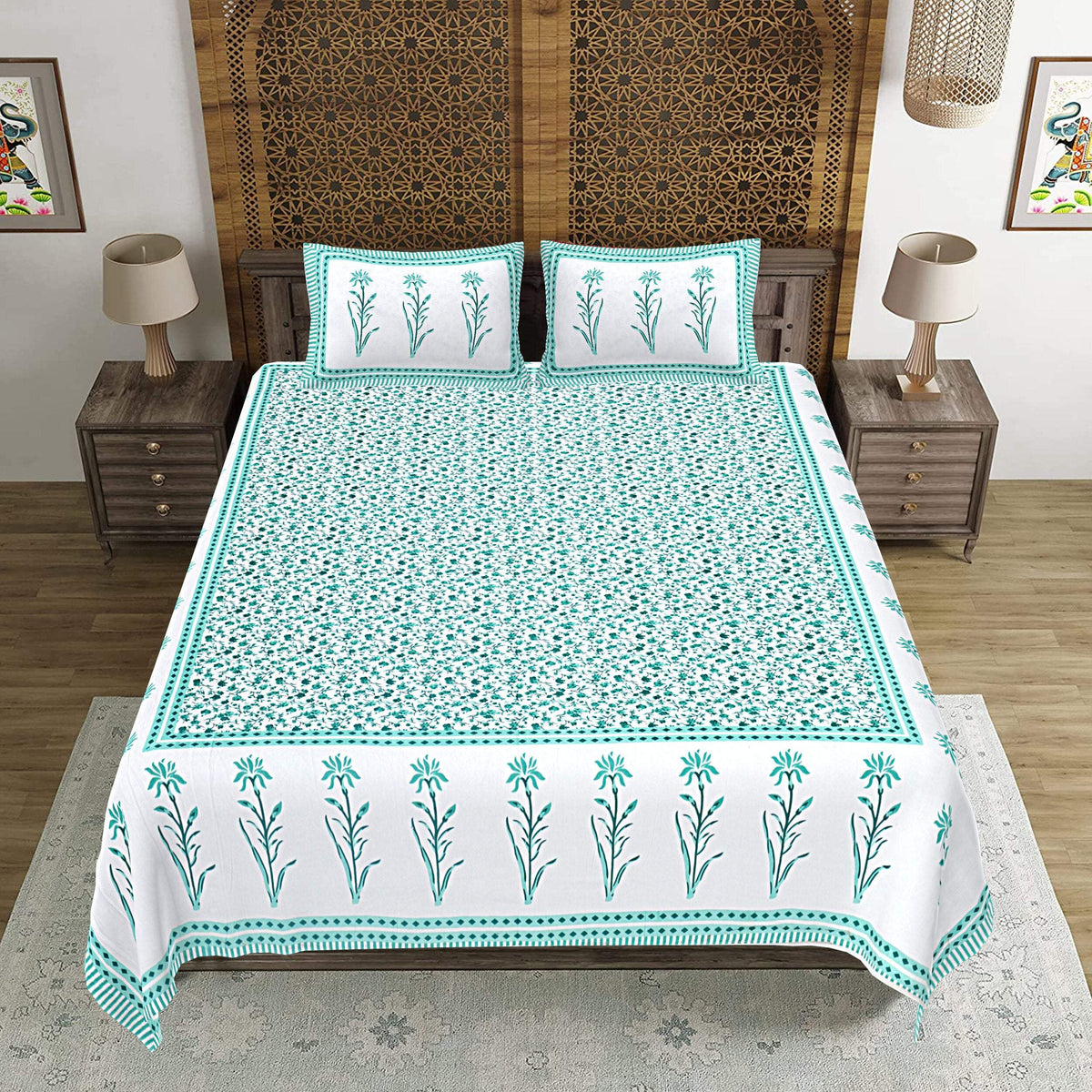 Rudra Bazaar Sea Green 210 TC Cotton Double King Bedsheet With 2 Pillow Covers | Grocsy