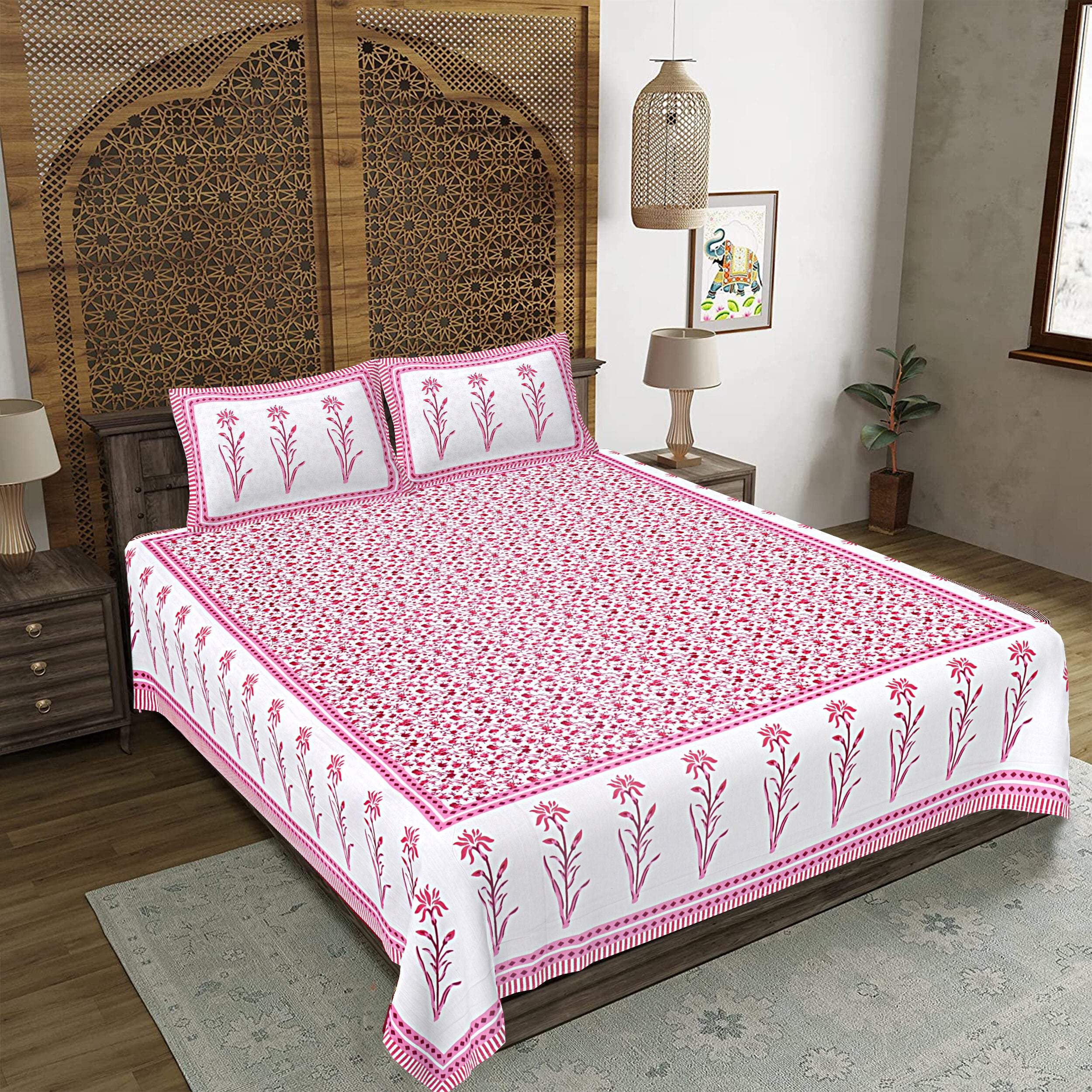 Rudra Bazaar Pink 210 TC Cotton Double King Bedsheet With 2 Pillow Covers | Grocsy