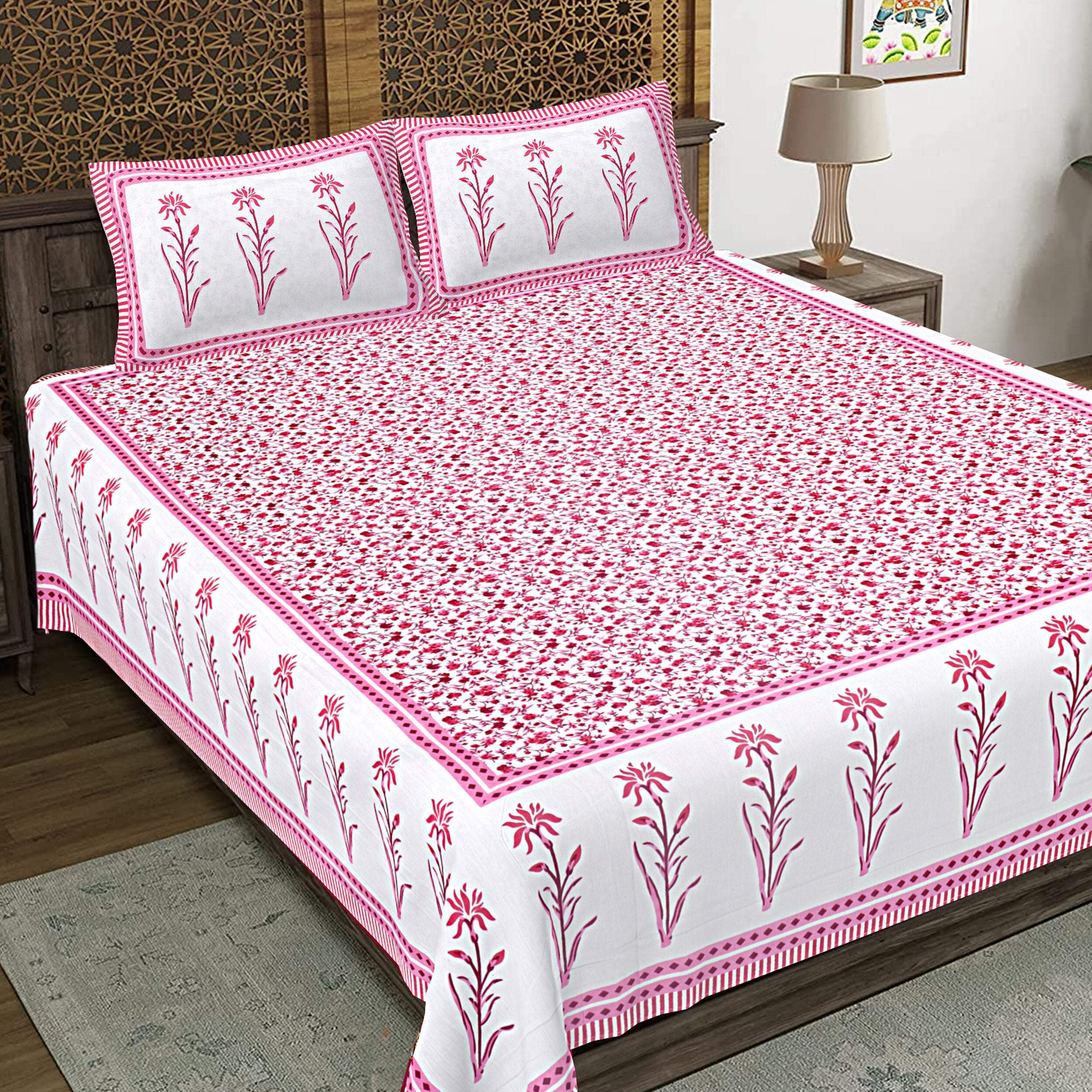 Rudra Bazaar Pink 210 TC Cotton Double King Bedsheet With 2 Pillow Covers | Grocsy