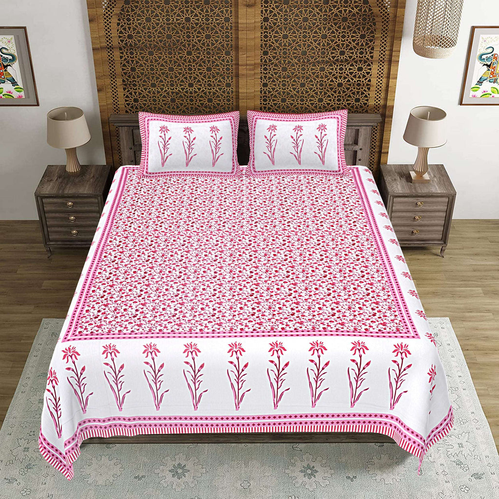 Rudra Bazaar Pink 210 TC Cotton Double King Bedsheet With 2 Pillow Covers | Grocsy