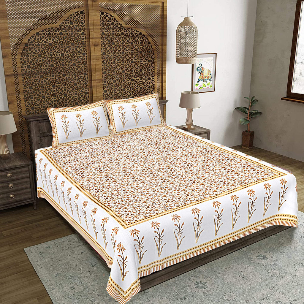 Rudra Bazaar Yellow 210 TC Cotton Double King Bedsheet With 2 Pillow Covers | Grocsy