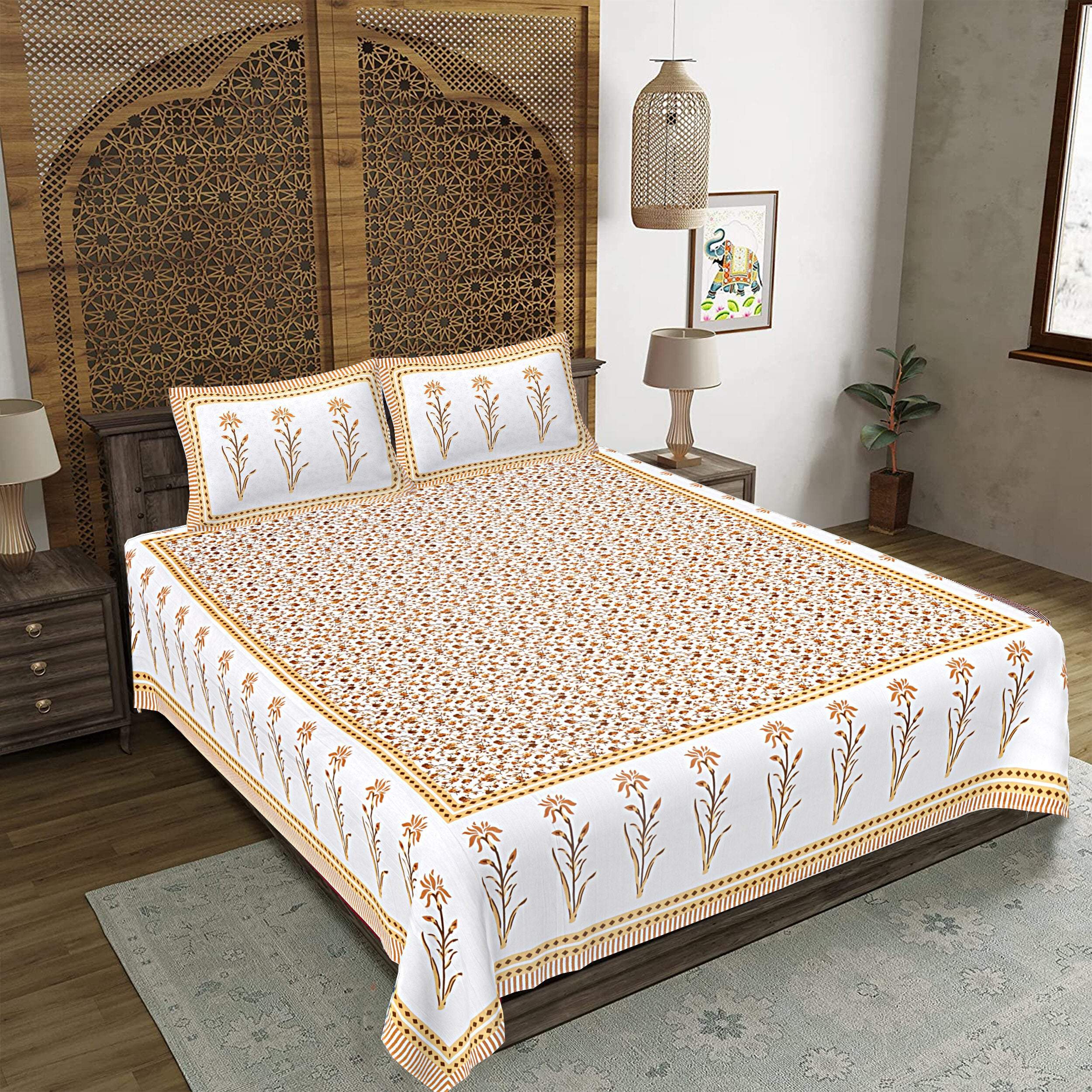 Rudra Bazaar Yellow 210 TC Cotton Double King Bedsheet With 2 Pillow Covers | Grocsy