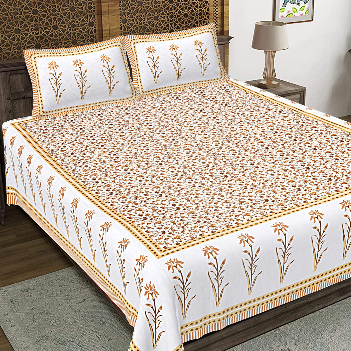 Rudra Bazaar Yellow 210 TC Cotton Double King Bedsheet With 2 Pillow Covers | Grocsy