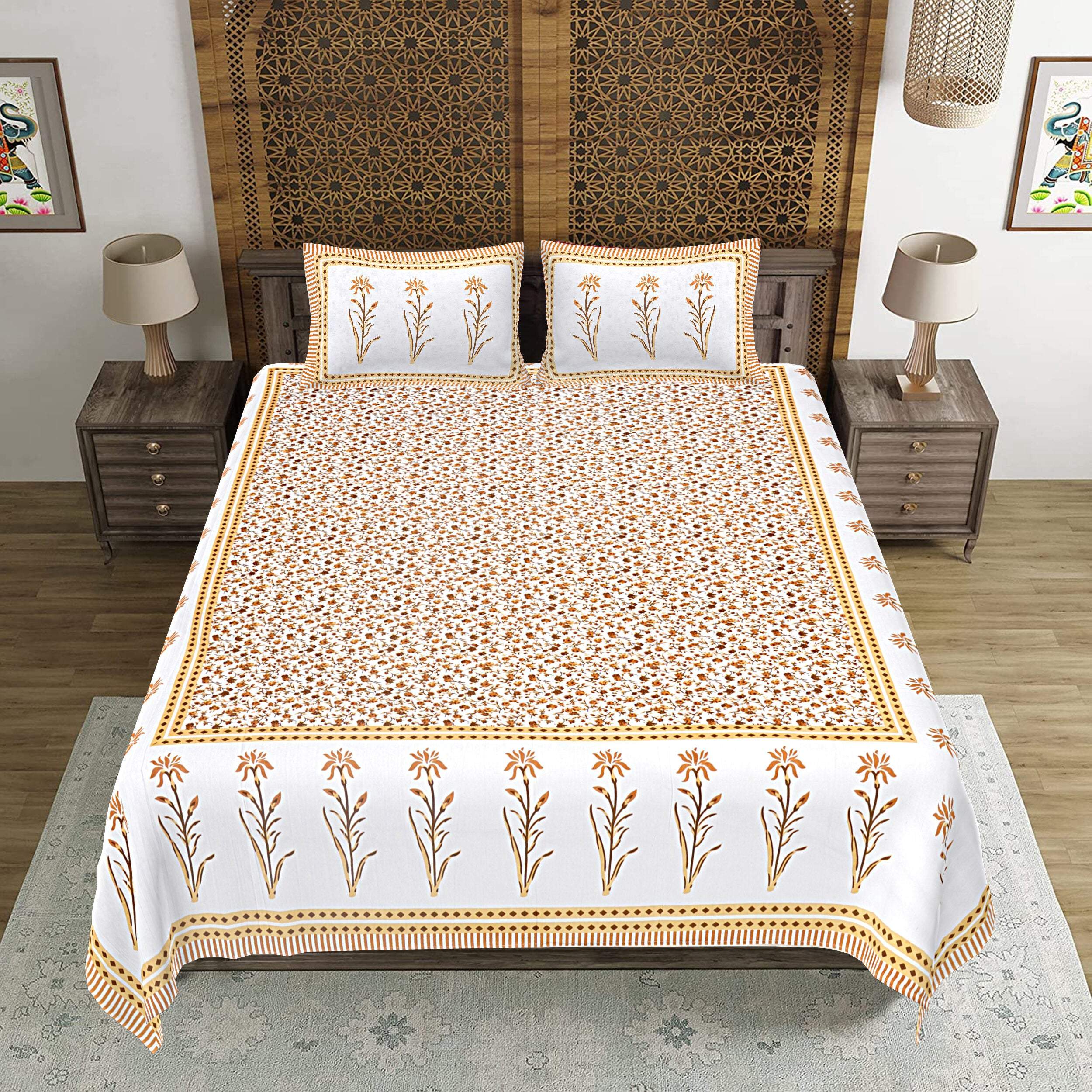 Rudra Bazaar Yellow 210 TC Cotton Double King Bedsheet With 2 Pillow Covers | Grocsy