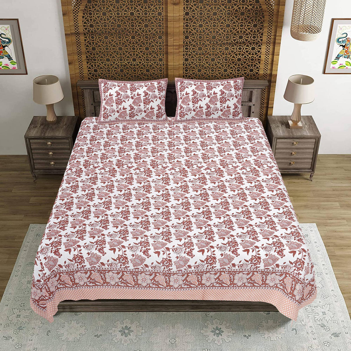 Rudra Bazaar Sea Green 210 TC Cotton Double King Bedsheet With 2 Pillow Covers | Grocsy