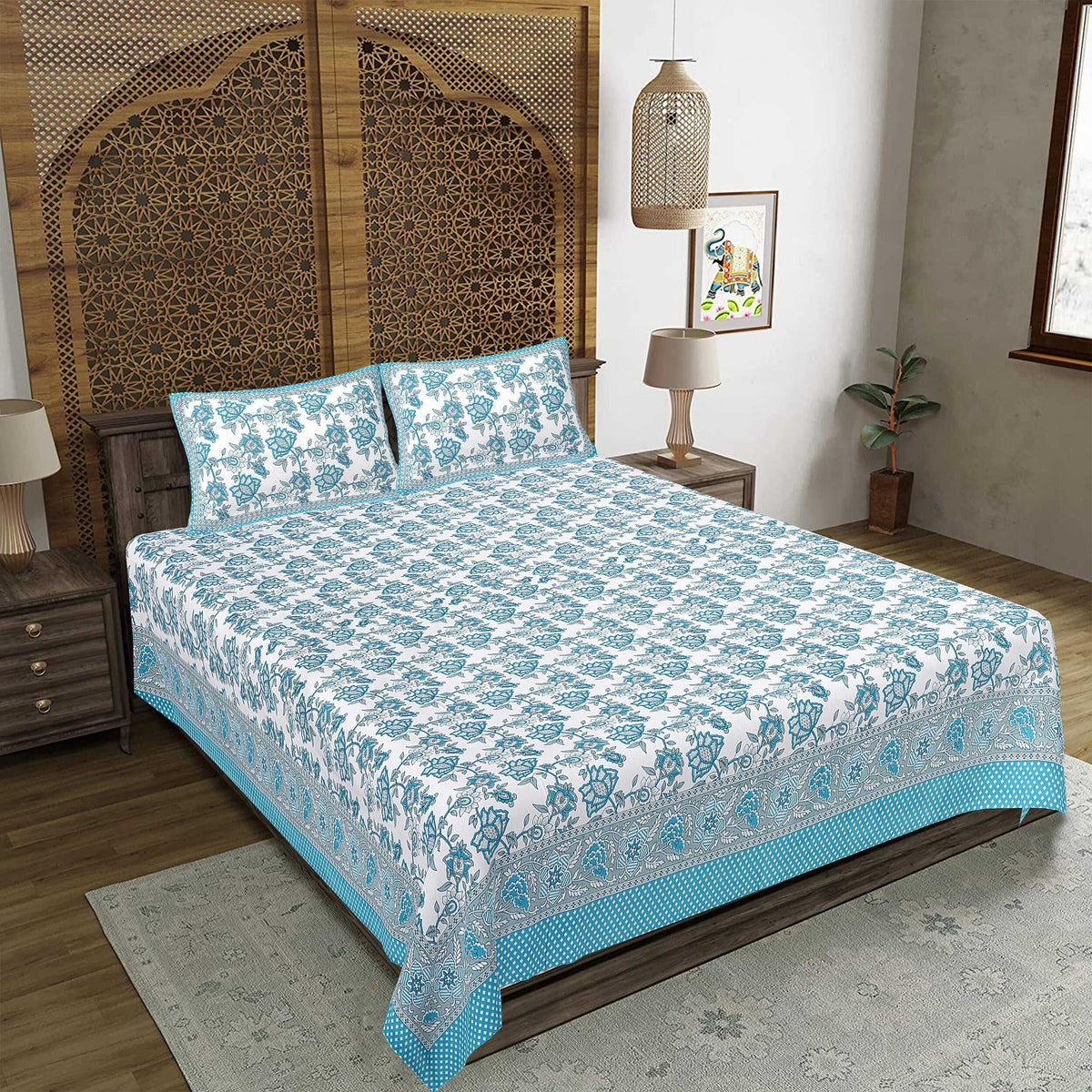 Rudra Bazaar Pink 210 TC Cotton Double King Bedsheet With 2 Pillow Covers | Grocsy
