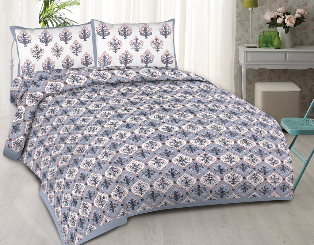 Rudra Bazaar Blue 210 TC Cotton Double King Bedsheet With 2 Pillow Covers | Grocsy