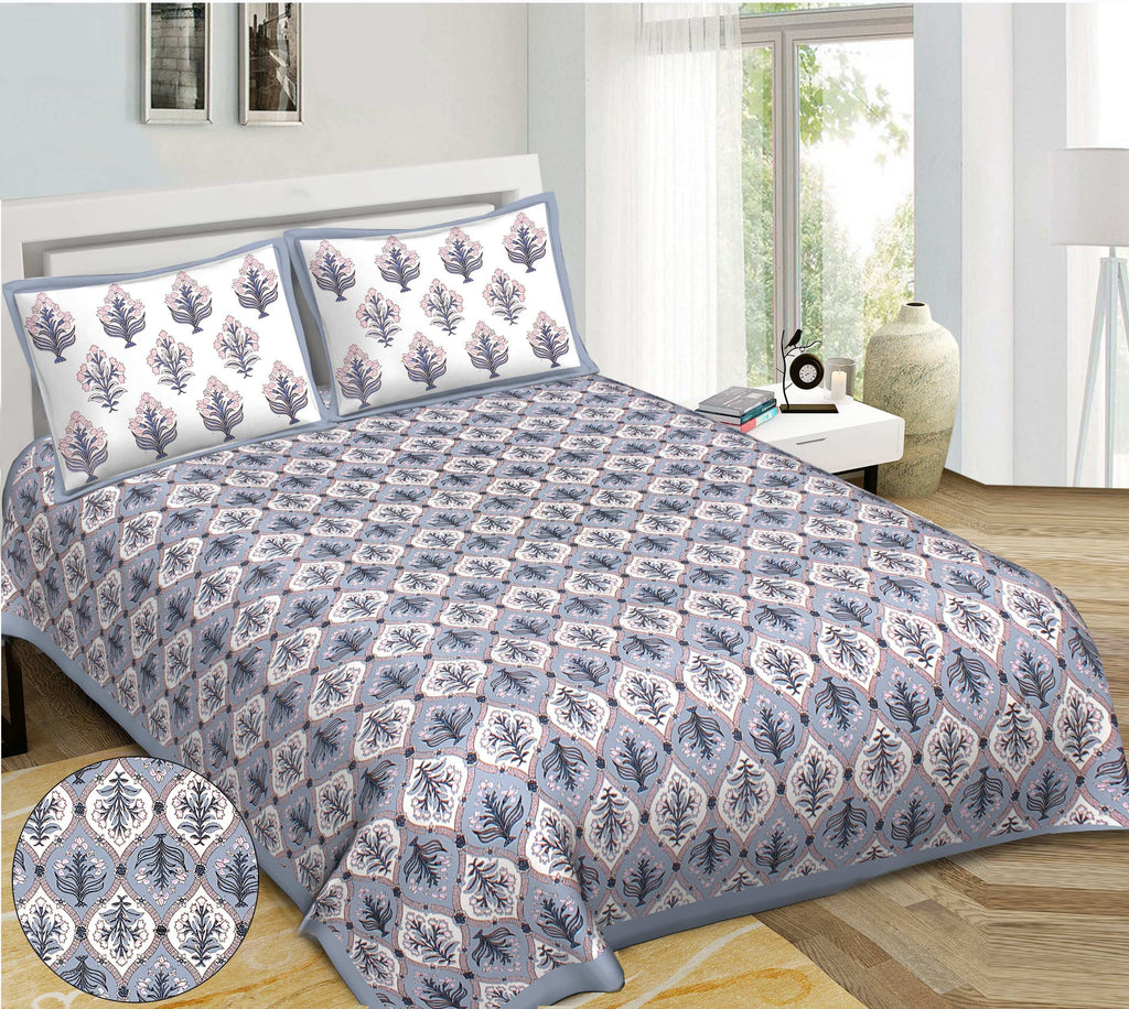 Rudra Bazaar Blue 210 TC Cotton Double King Bedsheet With 2 Pillow Covers | Grocsy
