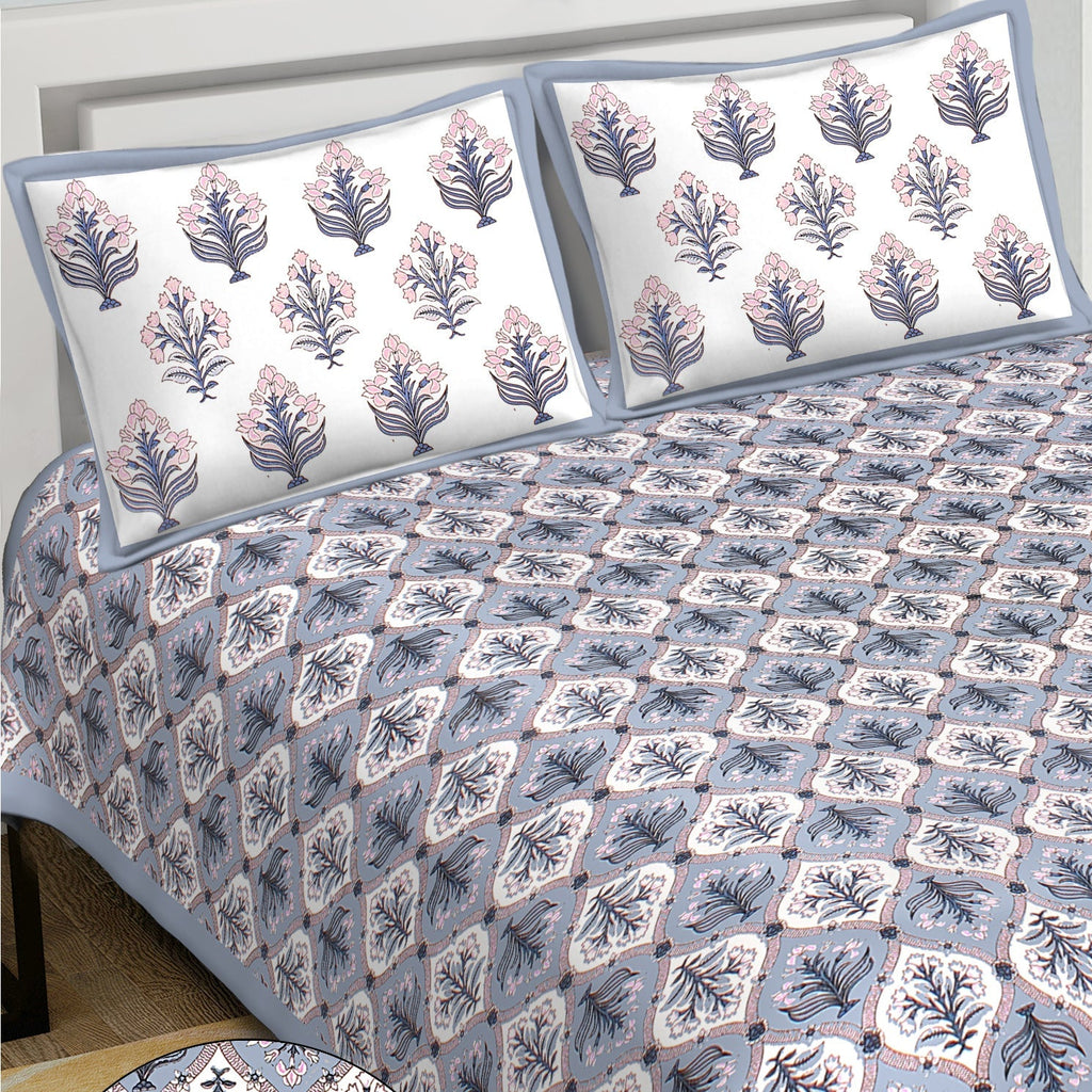 Rudra Bazaar Blue 210 TC Cotton Double King Bedsheet With 2 Pillow Covers | Grocsy
