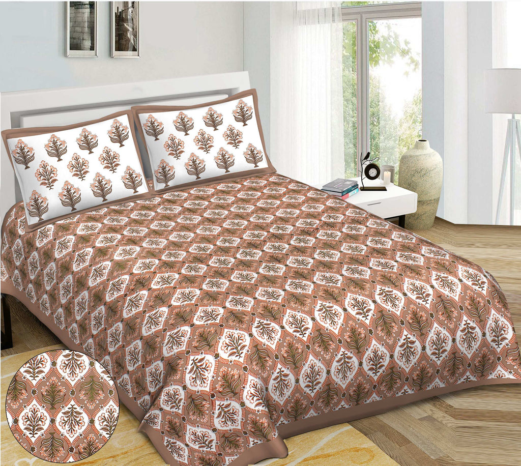 Rudra Bazaar Brown 210 TC Cotton Double King Bedsheet With 2 Pillow Covers | Grocsy