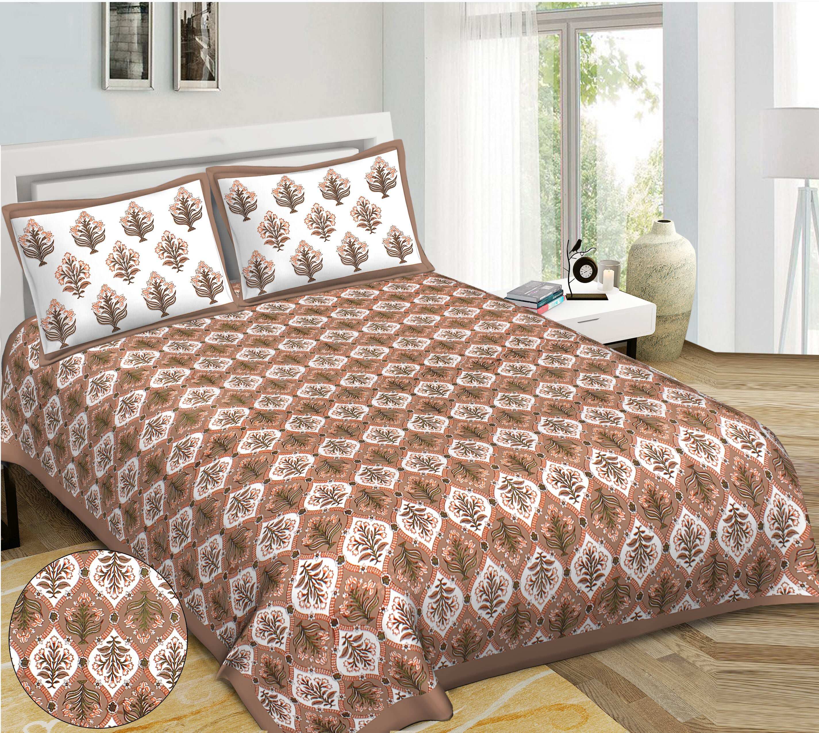 Rudra Bazaar Brown 210 TC Cotton Double King Bedsheet With 2 Pillow Covers | Grocsy
