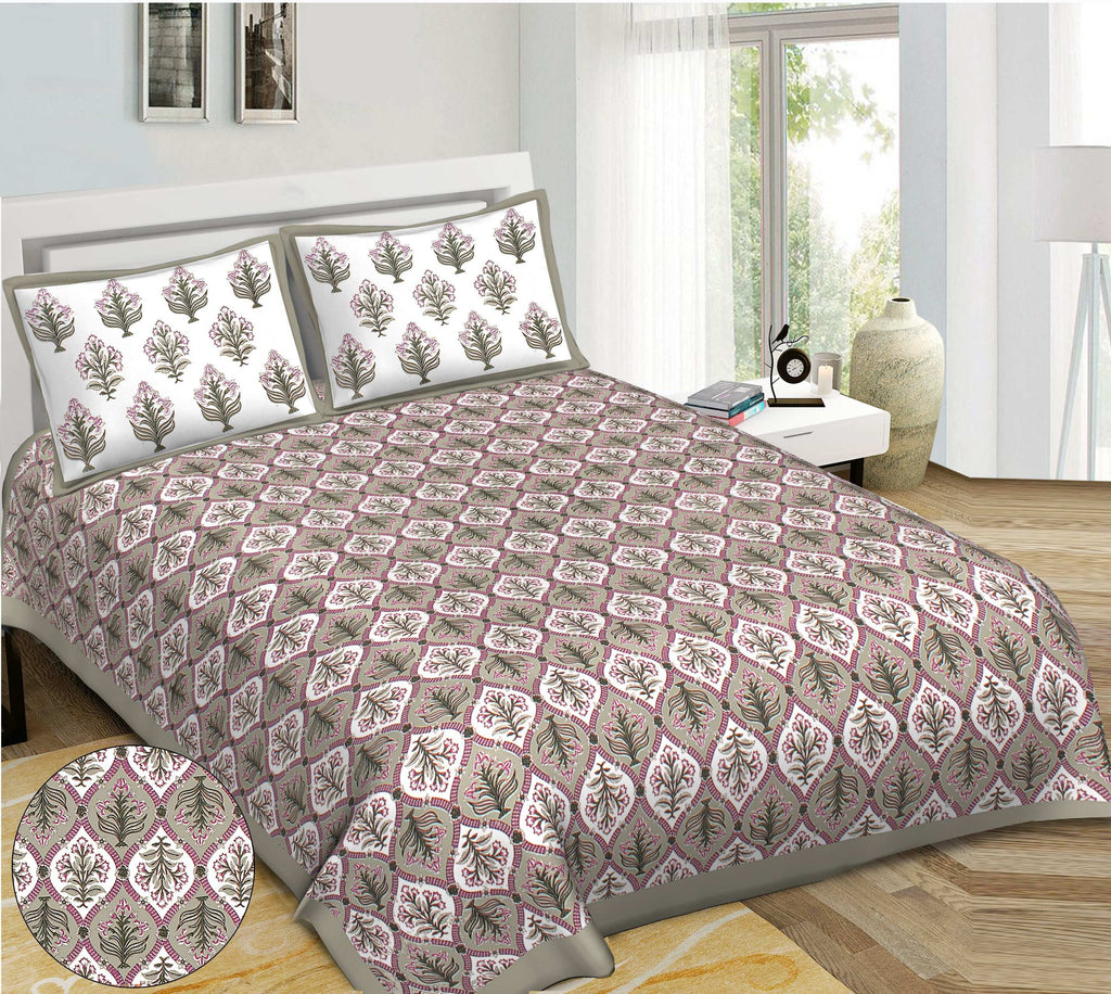 Rudra Bazaar Grey 210 TC Cotton Double King Bedsheet With 2 Pillow Covers | Grocsy