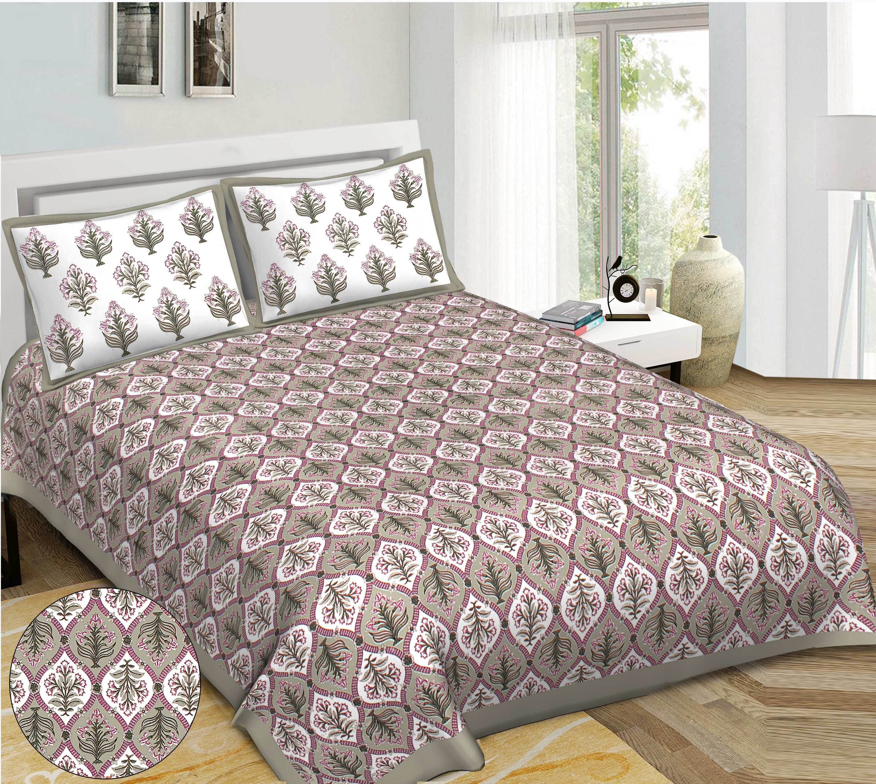 Rudra Bazaar Grey 210 TC Cotton Double King Bedsheet With 2 Pillow Covers | Grocsy