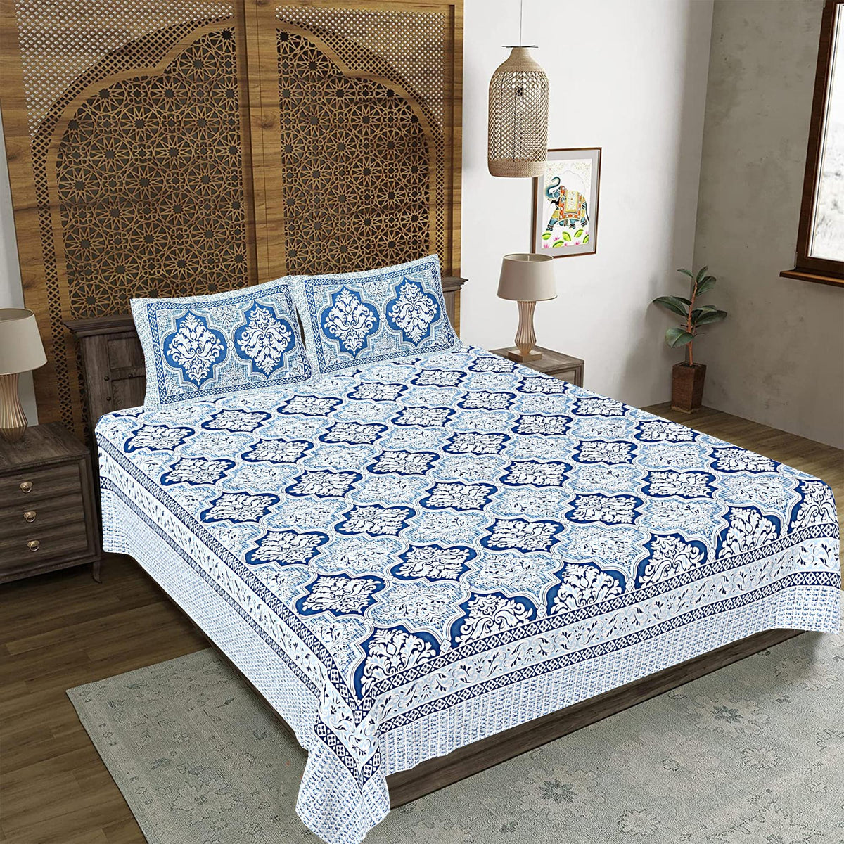 Rudra Bazaar Blue 210 TC Cotton Double King Bedsheet With 2 Pillow Covers | Grocsy