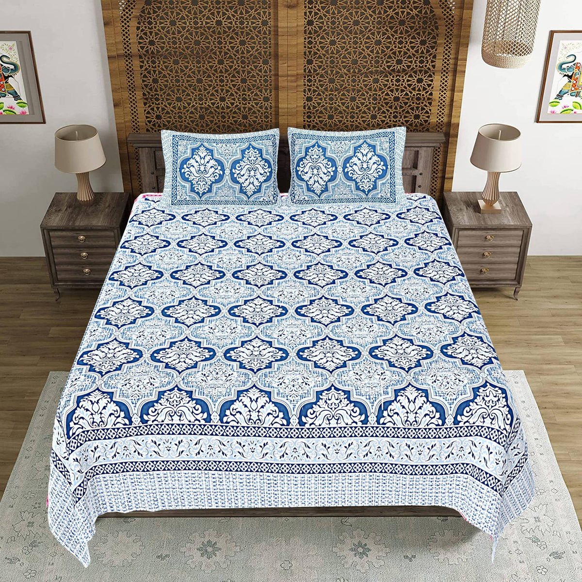 Rudra Bazaar Blue 210 TC Cotton Double King Bedsheet With 2 Pillow Covers | Grocsy