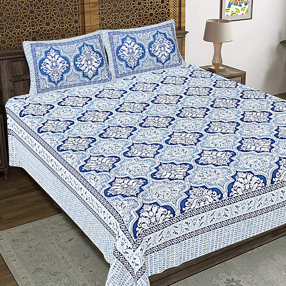 Rudra Bazaar Blue 210 TC Cotton Double King Bedsheet With 2 Pillow Covers | Grocsy