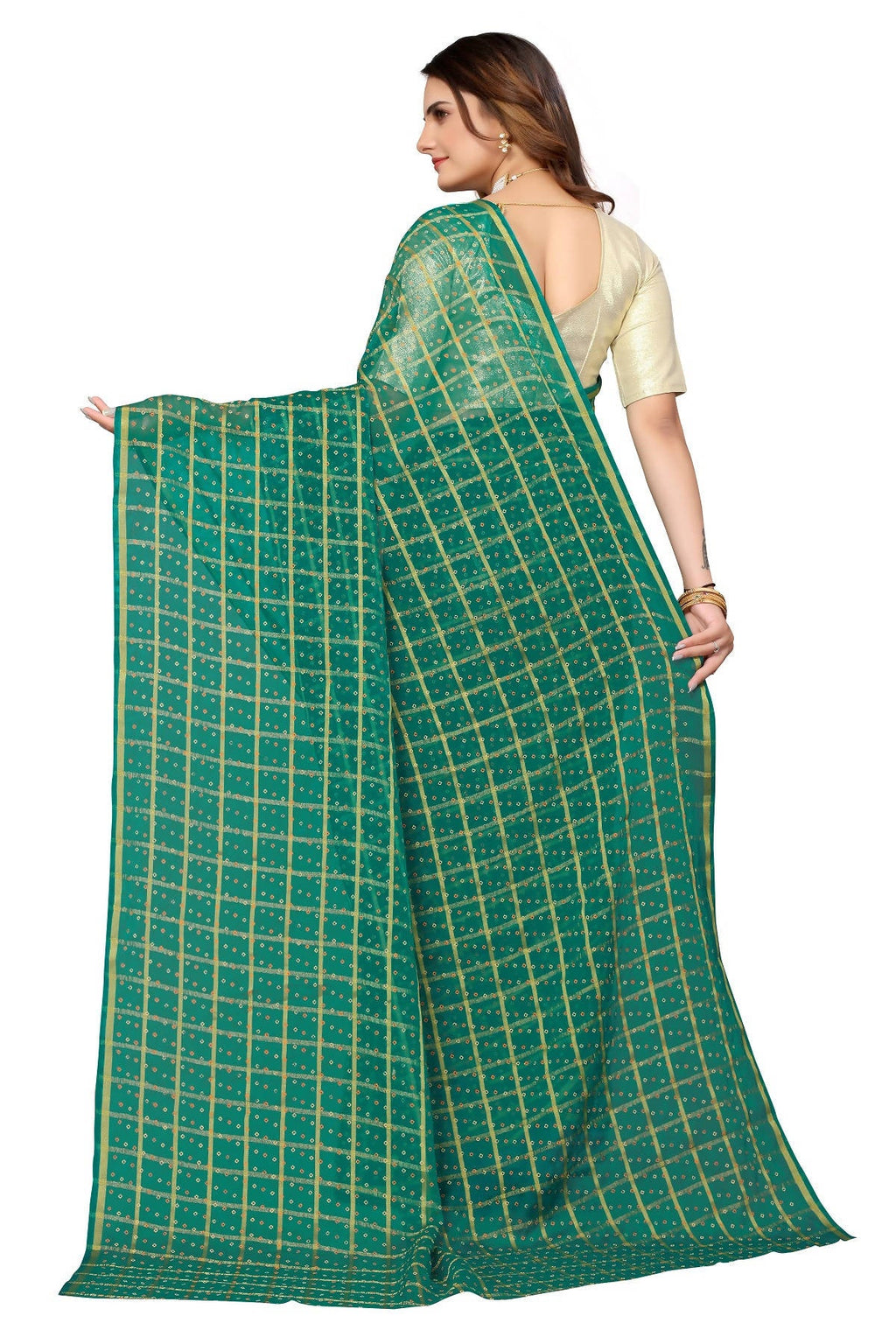 Vamika Ethnic Fire Green Jari Work Chiffon Saree | Grocsy