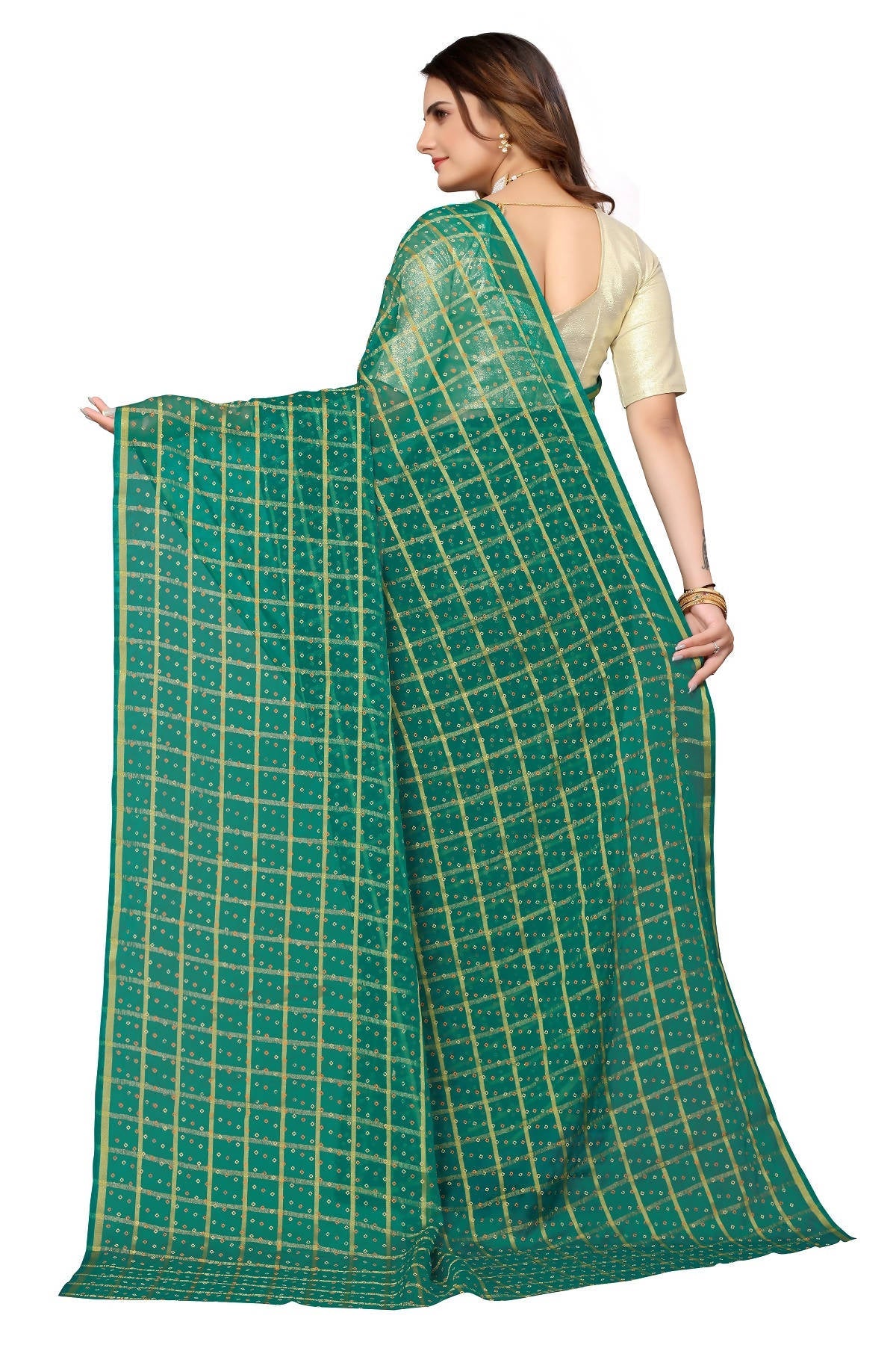 Vamika Ethnic Fire Green Jari Work Chiffon Saree | Grocsy