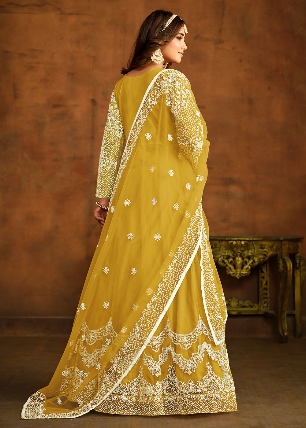 Yellow All Over Embroidered Net Wedding Anarkali Suit - Emponline | Grocsy