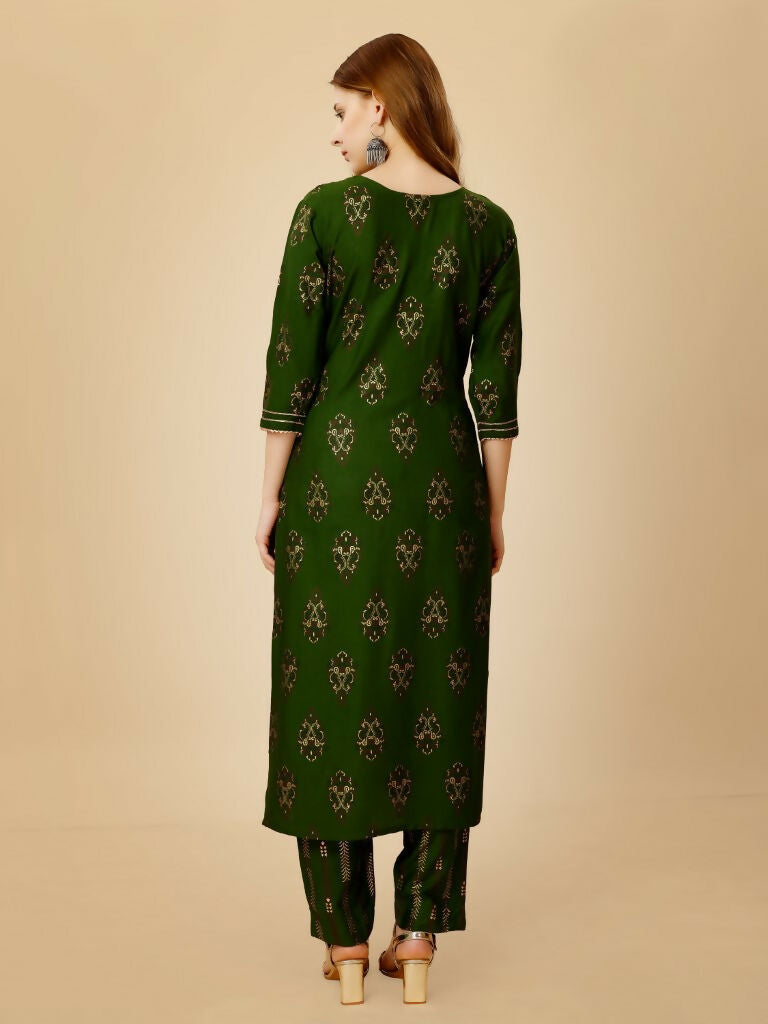 Jyoti Fashion Women's Green Viscose Rayon Embroidered Kurta Pant Set | Grocsy