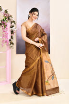 Piyari Fashion Women's Brown Embellished Tissue Jamdani Saree | Grocsy