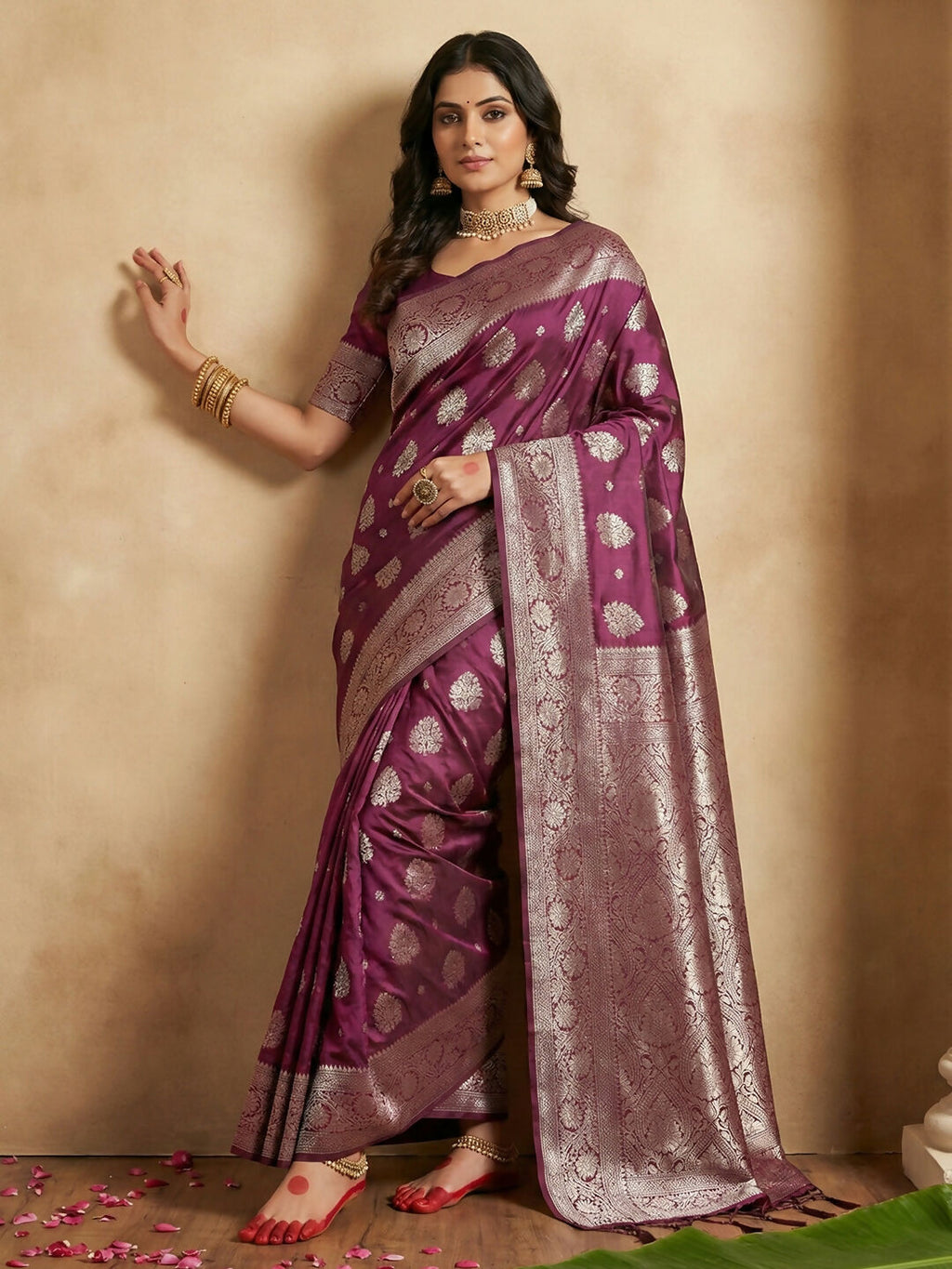 Shree Shyam Fashion Purple Silk Blend Saree | Grocsy