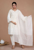 Miravan Women's Chikankari Cream Kurti Palazzo With Dupatta | Grocsy