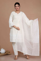 Miravan Women's Chikankari Cream Kurti Palazzo With Dupatta | Grocsy