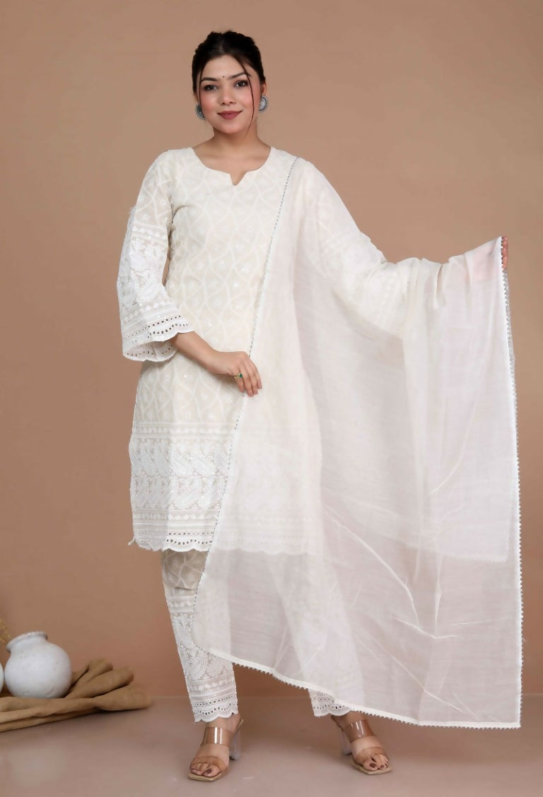 Miravan Women's Chikankari Cream Kurti Palazzo With Dupatta | Grocsy