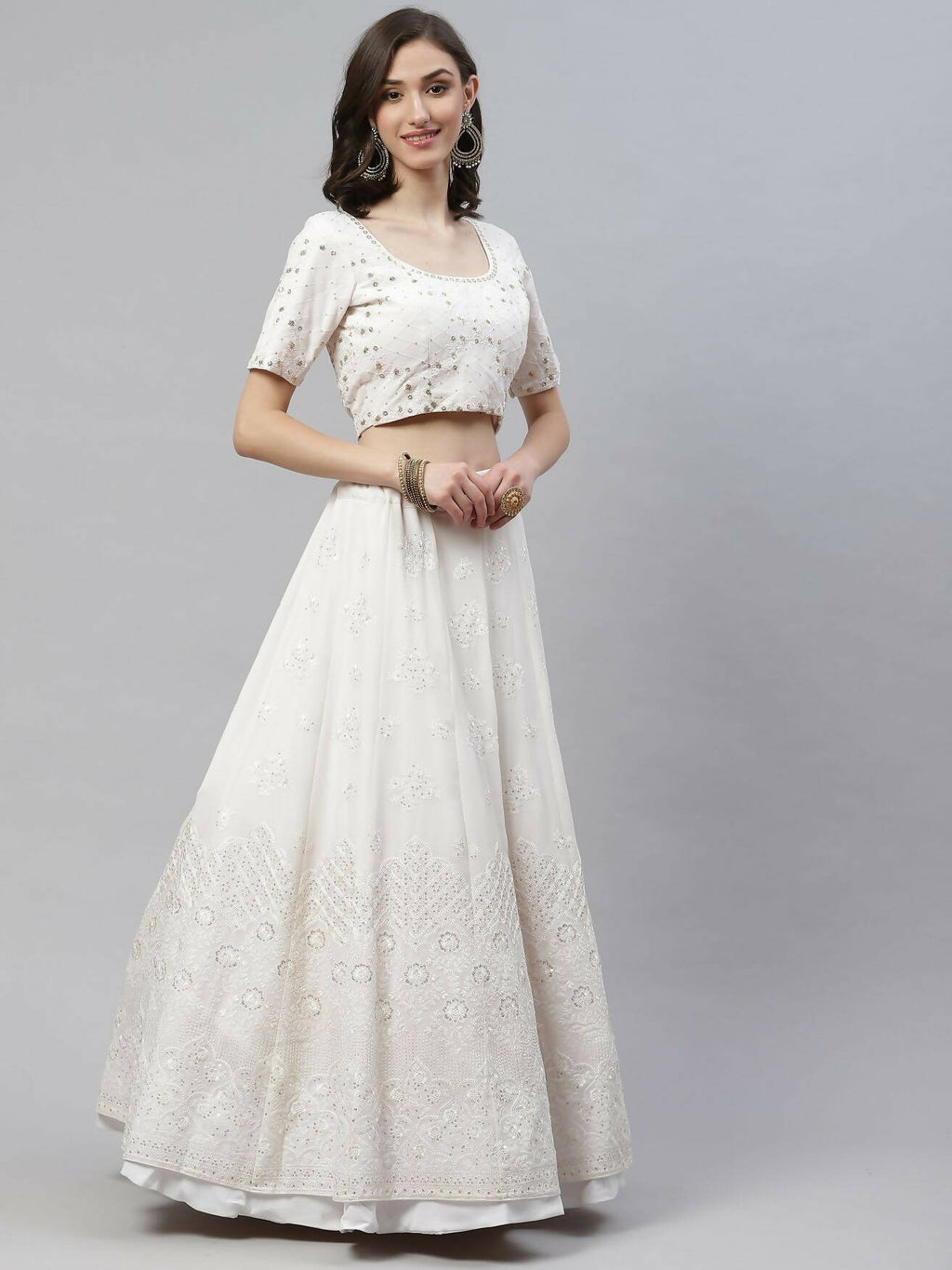 White Georgette Thread with Sequins Embroidered work Lehenga Choli with Dupatta - Jivika | Grocsy