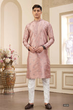 Raivat Ethnic Men's Art Silk Thread Work Kurta Pyjama In Cream Beige Colour | Grocsy