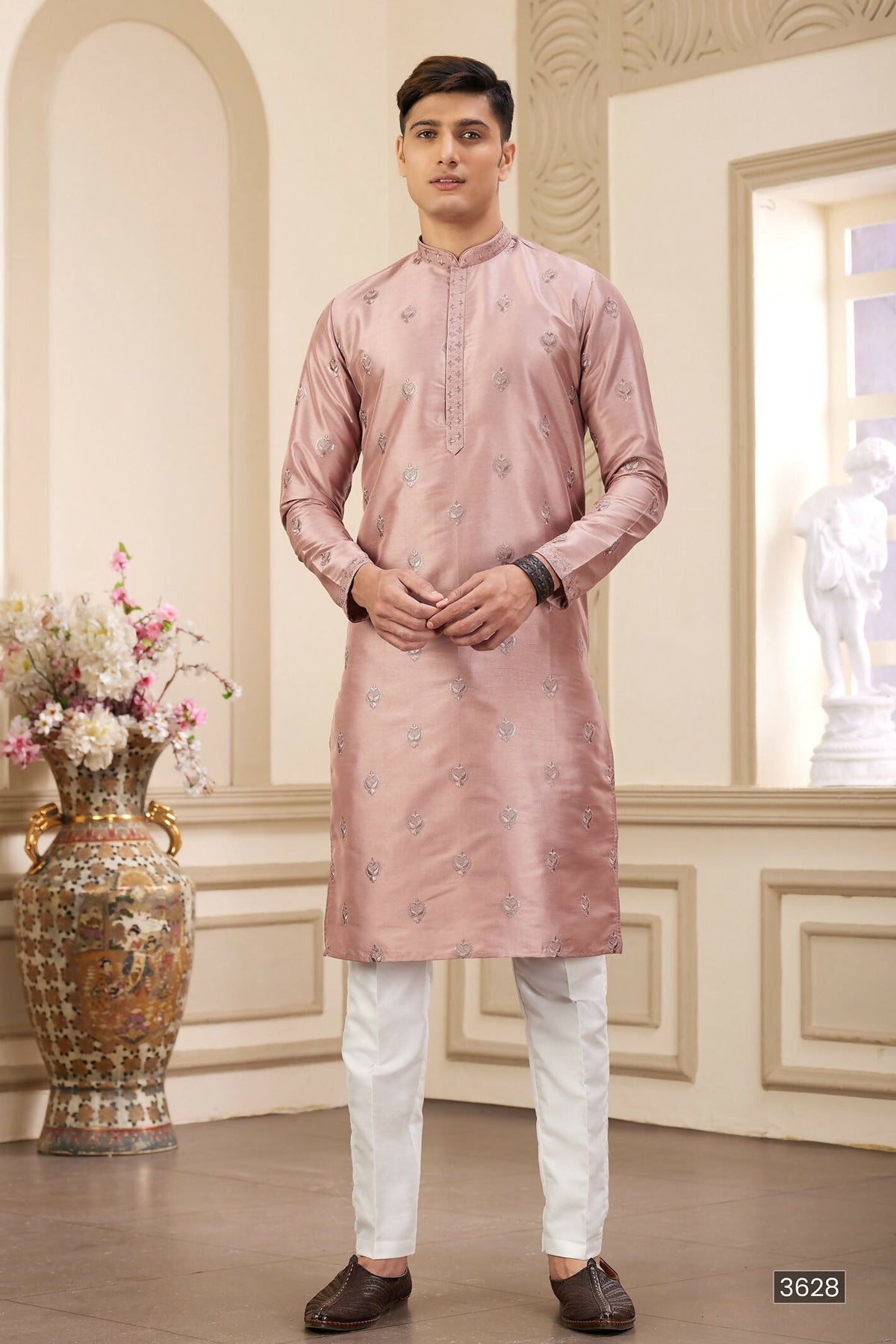 Raivat Ethnic Men's Art Silk Thread Work Kurta Pyjama In Cream Beige Colour | Grocsy