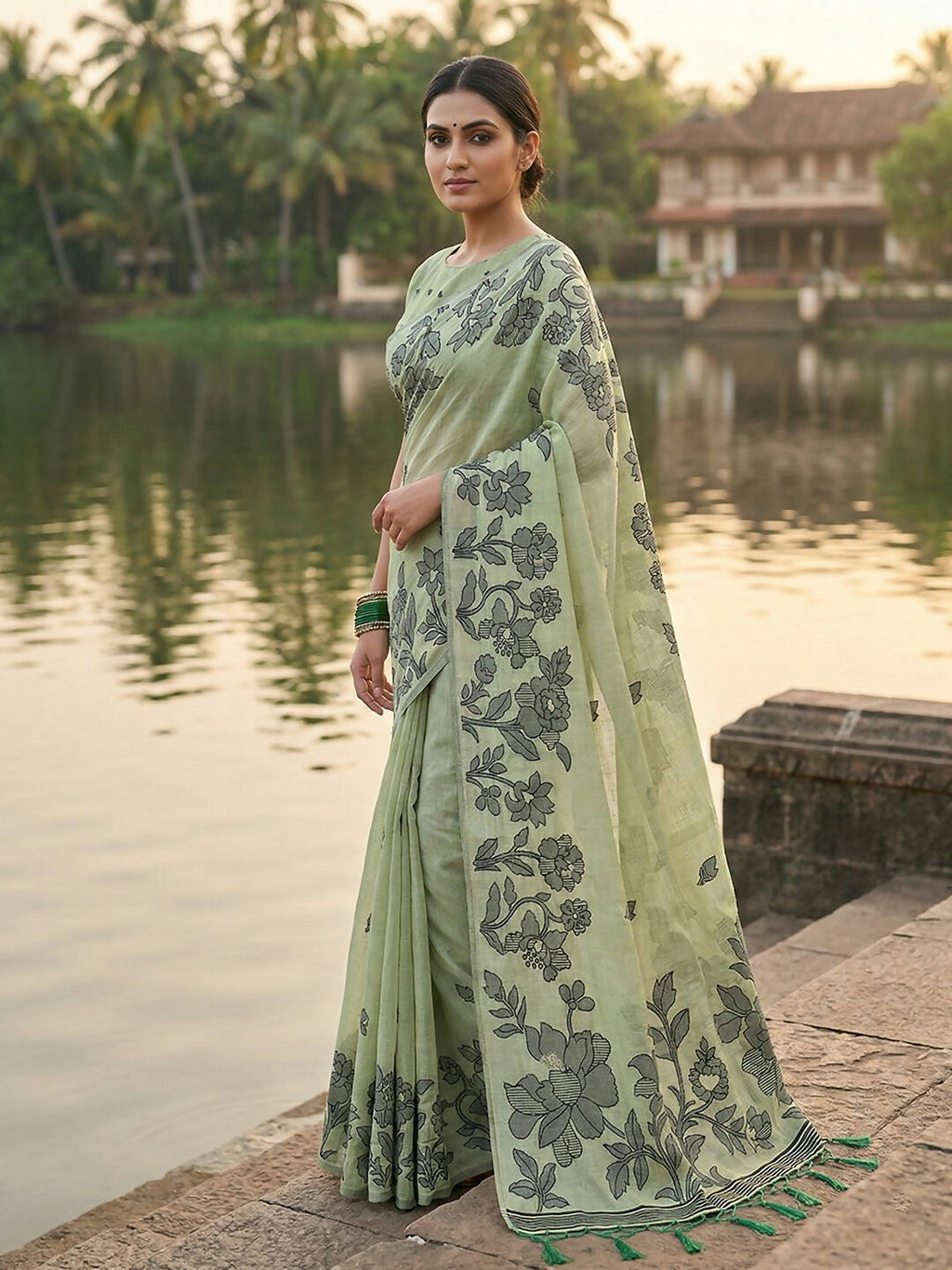 Shree Shyam Fashion Light Green Linen Cotton Saree | Grocsy