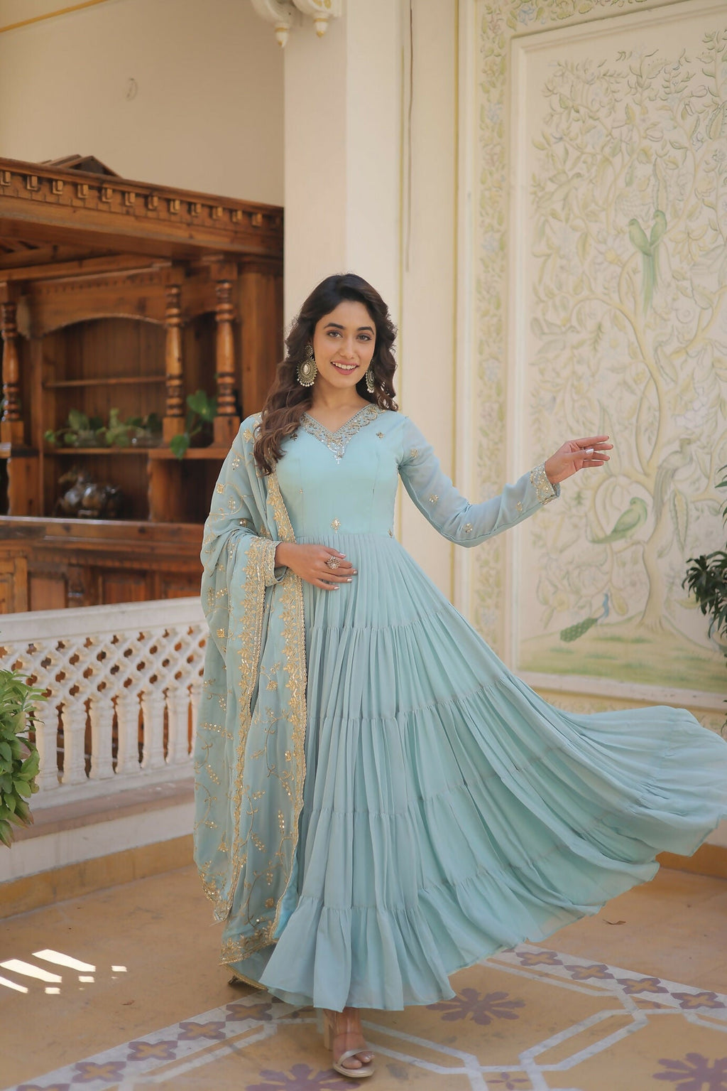 Joban Fashion Sky Blue Georgette Sequence Embroidery Work Kurta Set | Grocsy