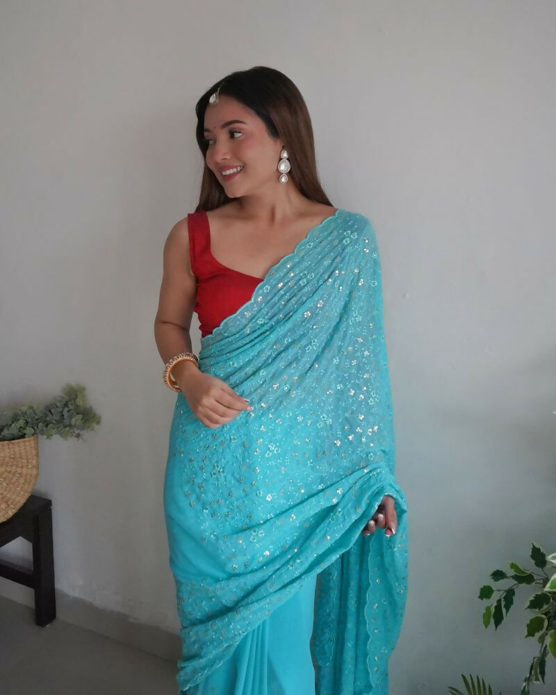 Vamsee Trendy Sequence Sky Blue Georgette Saree | Grocsy