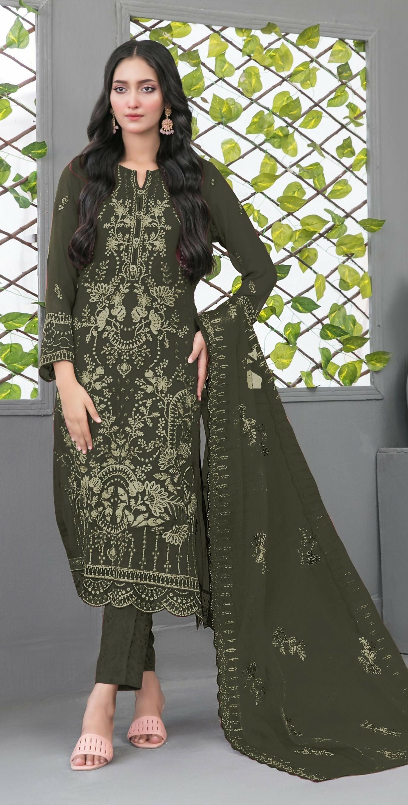 Anaita Mehendi Fox Georgette Semi Stiutched Suit with Embroidery Sequence Work | Grocsy