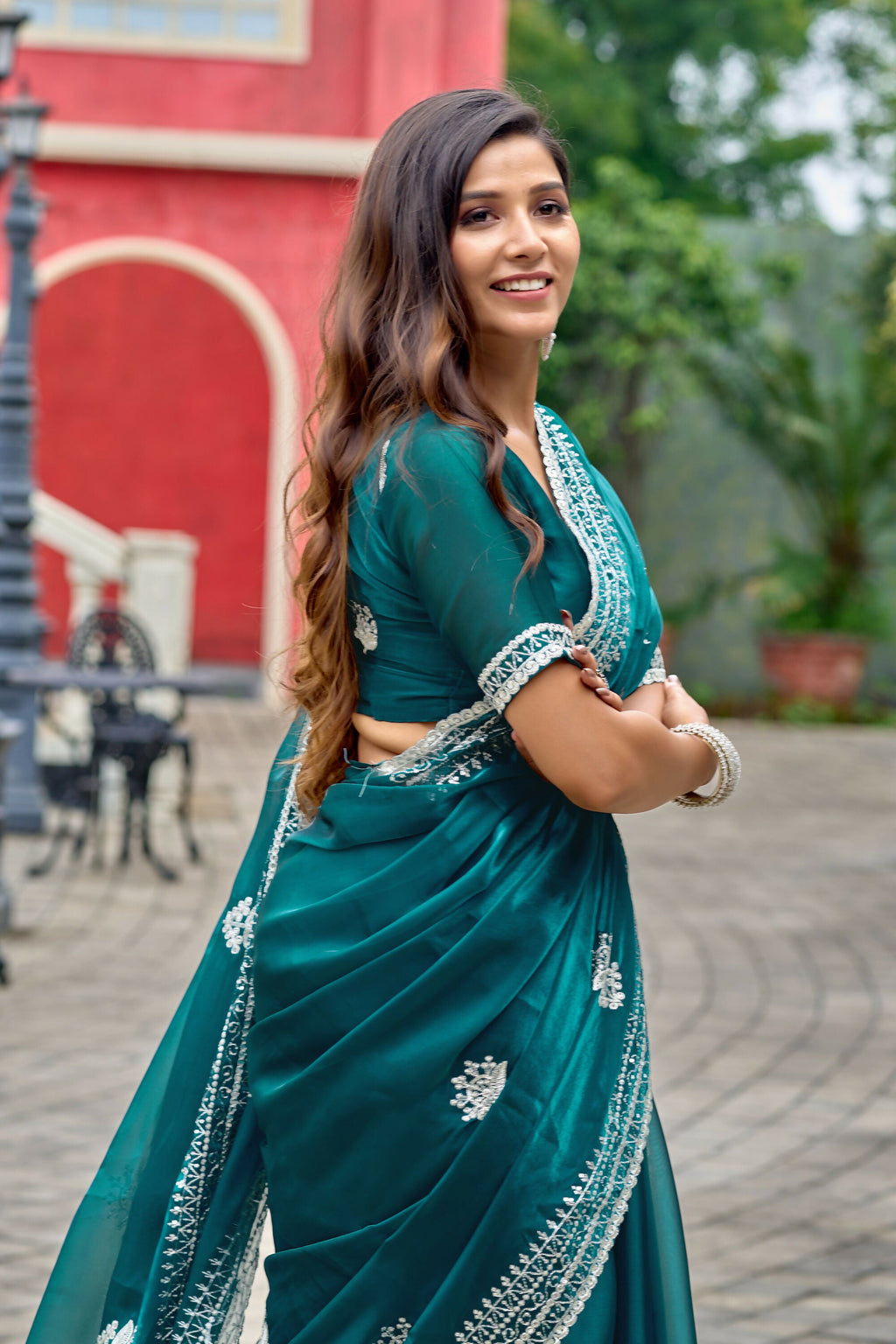 Vastranavya Rama Embroidery Work Shimmer Chiffon Saree with Unstitched Blouse | Grocsy