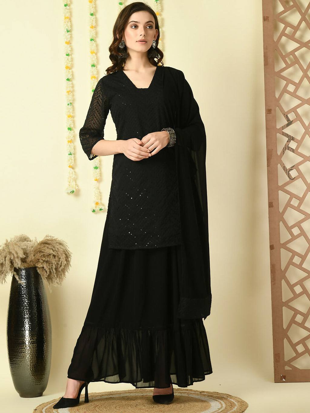 Myshka Women's Black Georgette Kurti & Skirt With Dupatta Party Sets | Grocsy
