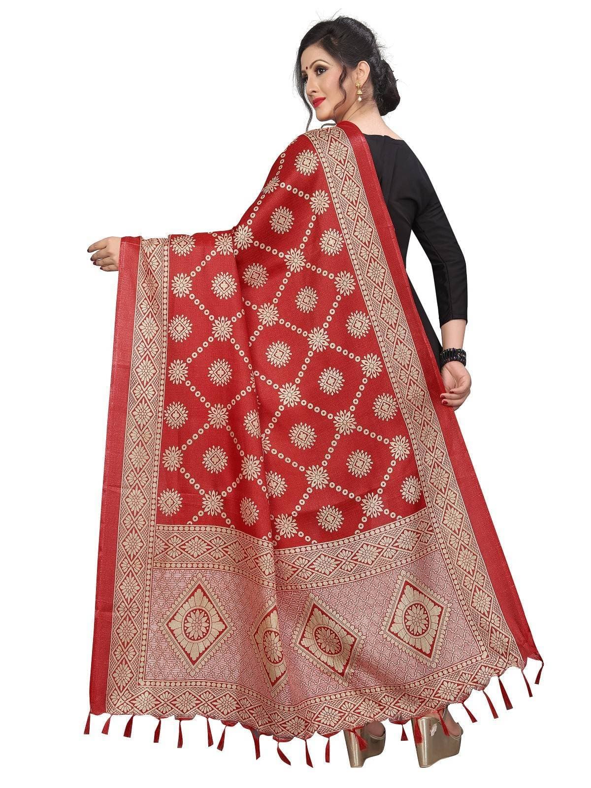 Vamika Traditional Wear Red Printed Khadi Bhagalpuri Dupatta | Grocsy