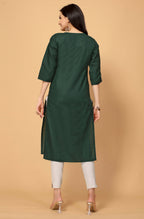 Dark Green Cottan Slub Embroidery Kurti - Umi | Grocsy