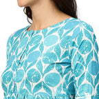 Blue & White Ethnic Motifs Printed Cotton A-Line Dress - Poonam | Grocsy