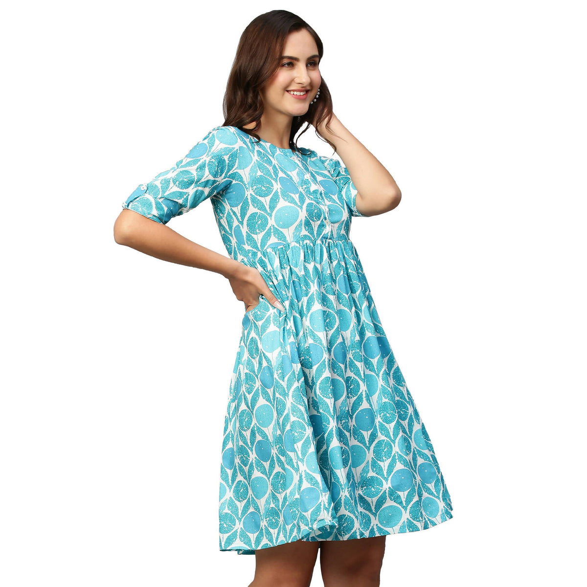 Blue & White Ethnic Motifs Printed Cotton A-Line Dress - Poonam | Grocsy