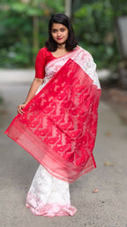 Exclusive Collection White Red White Red Jamdani Saree | Grocsy