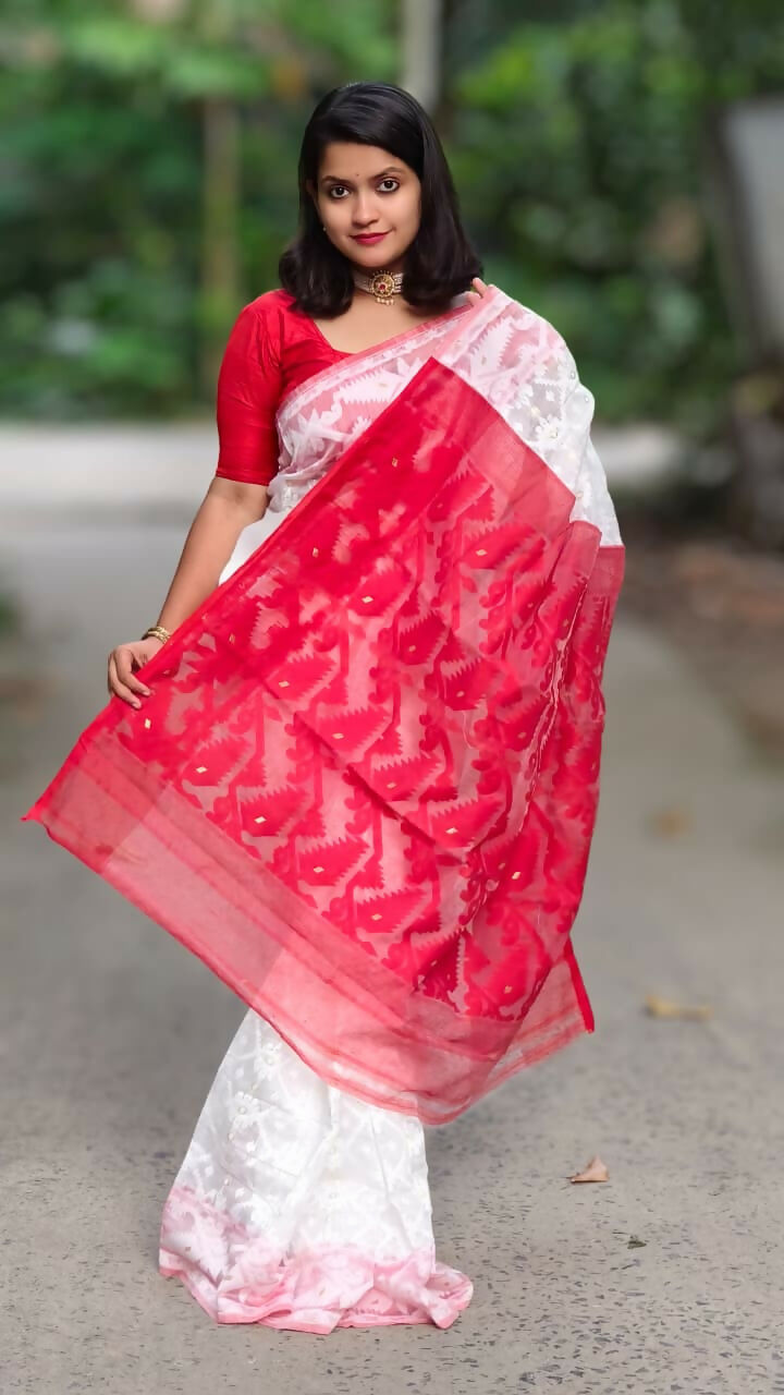 Exclusive Collection White Red White Red Jamdani Saree | Grocsy