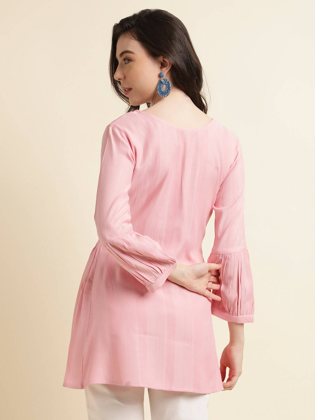 Pink Viscose Rayon Yoke Embroidered A-line Top - Tarini | Grocsy