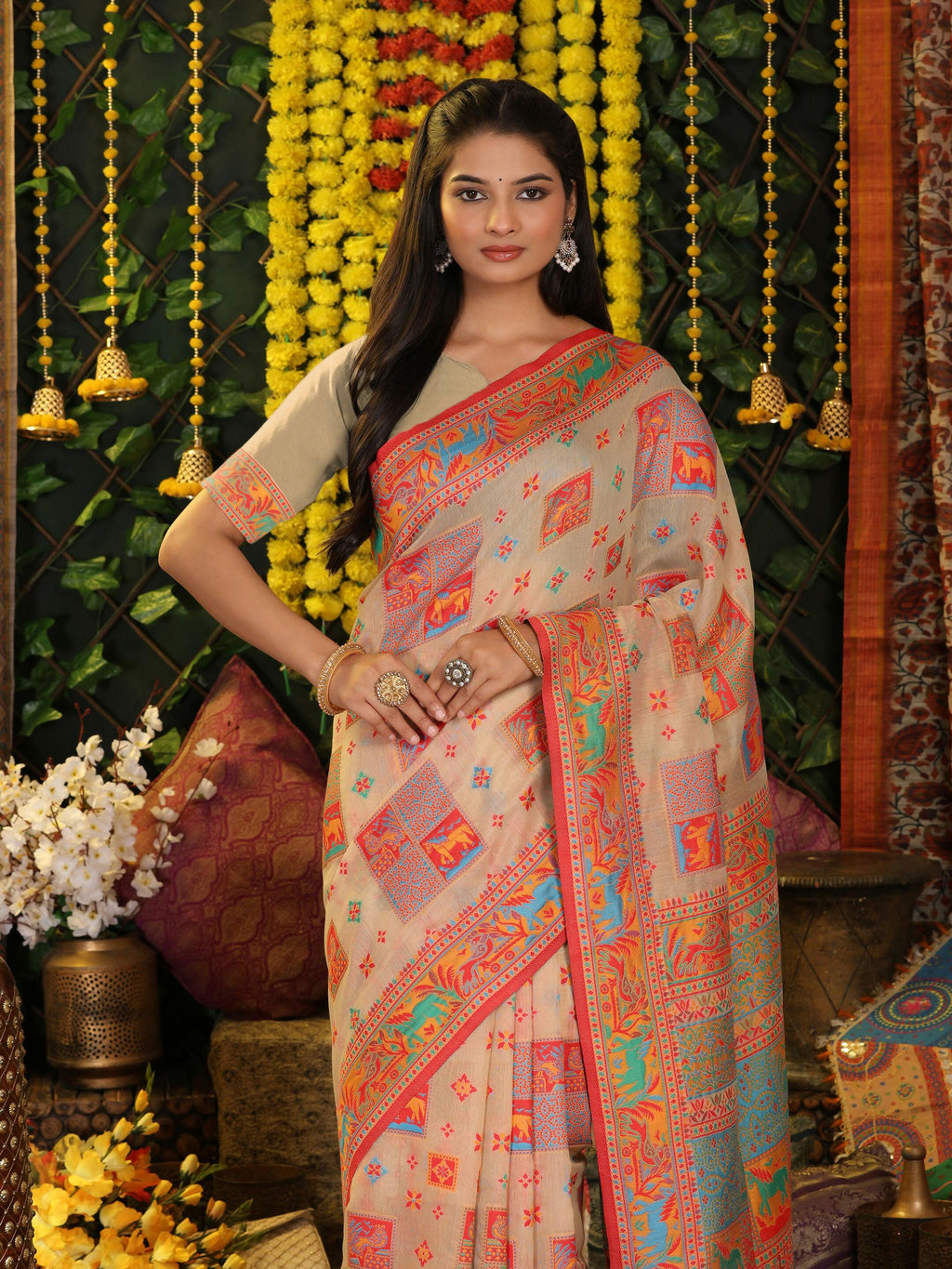 Shree Shyam Fashion Linen Cotton Off White Saree | Grocsy