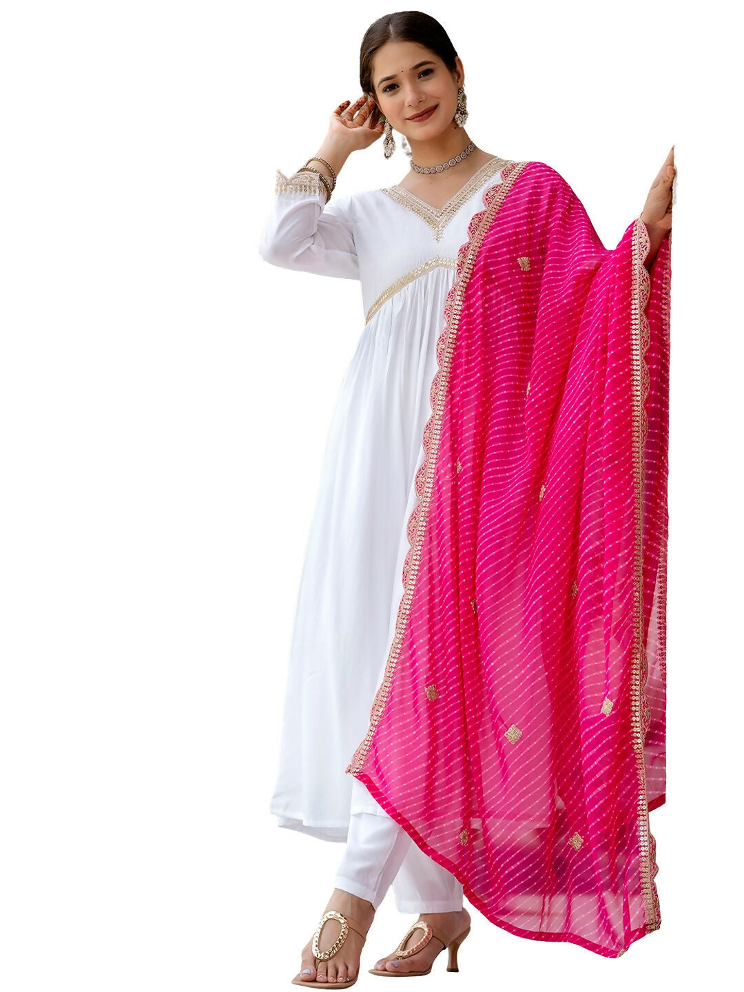 The52 White Women's Gorgeous Embroidered Chanderi Fabric Straight Kurta, Pant and Dupatta Set | Grocsy