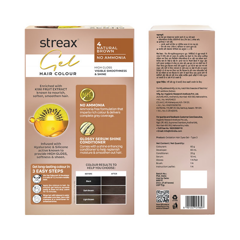 Streax Gel No Ammonia 100% Grey Coverage Hair Color - Natural Brown 4 | Grocsy