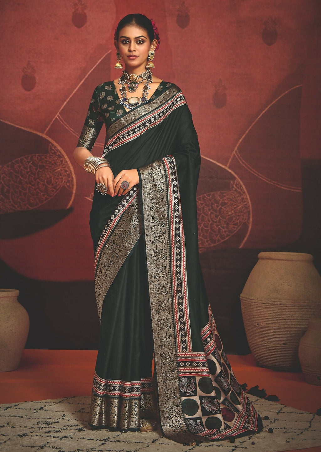 Joban Fashion Green Art Silk With Fine Viscose Border Ajrak Full Body Print With Soft Finish Saree | Grocsy
