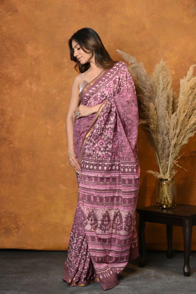 Very Much Indian Handblock Printed Cotton Saree With Natural Dyes - Pink | Grocsy